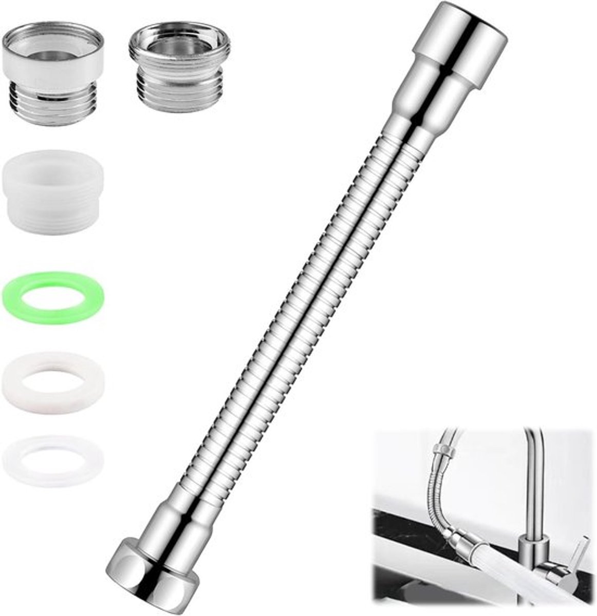 Flexibele keukenkraan verlenging, 30 cm, roestvrijstaal, met 3 adapters. Perfect voor keuken, badkamer, toilet.