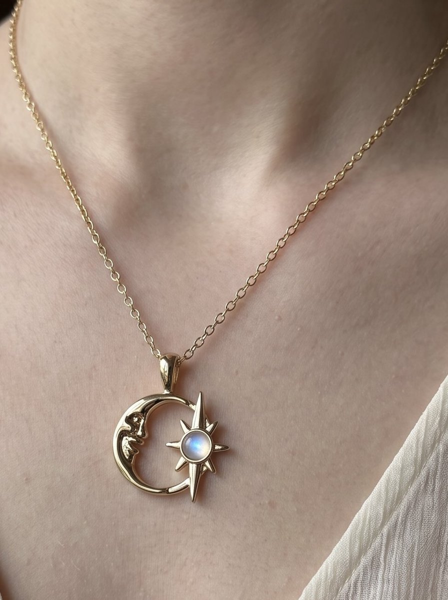 Anelplus Goudkleurige Ketting met Maan & Ster Hanger – Elegante Dames Halsketting met Witte Steen