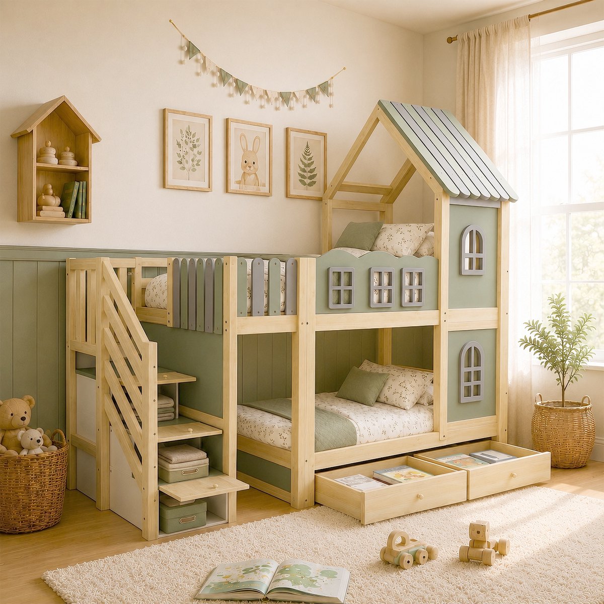REDOM - Kinder stapelbed in huisvorm - Met wolkvormige uitvalbeveiliging, opbergleider, laden en legplanken - Hout/MDF - Groen, grijs en naturhout - 308 x 100 x 218,5 cm