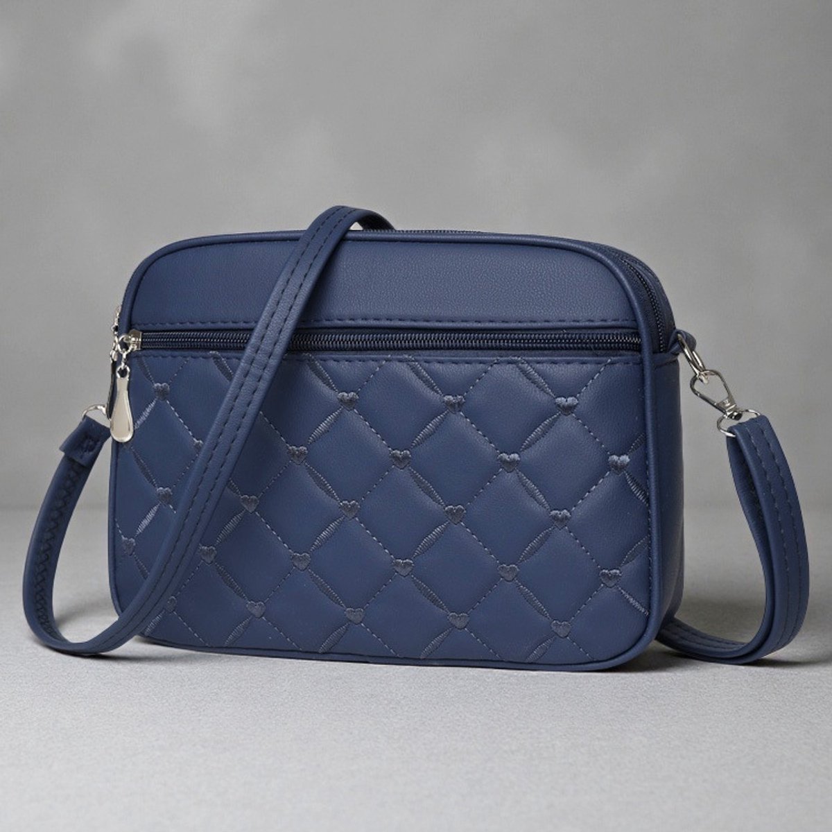 VHV - Crossbodytas Dames - Schoudertas van echt leer - Meerdere opbergvakken en verstelbare schouderband - Voor dagelijks gebruik - Donkerblauw