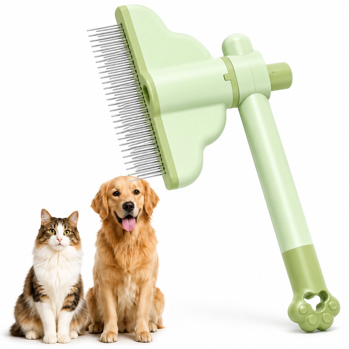 Vlooienkam voor Huisdieren - Zelfreinigende Borstel met Drukknop - Roestvrijstalen Tanden voor Katten en Honden - Verstelbare Kop voor Trimmen en Verzorging - Groen