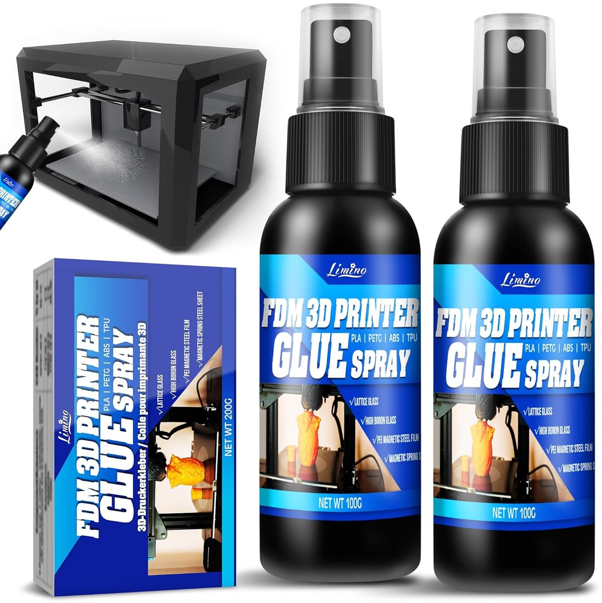 SnelShoppen - 3D Printer Adhesive Spray - 2 x 100ml - Voorkomt Warping op Verwarmde Printbed - Geschikt voor ABS, PLA, PETG, TPU Filamenten - Geen Res