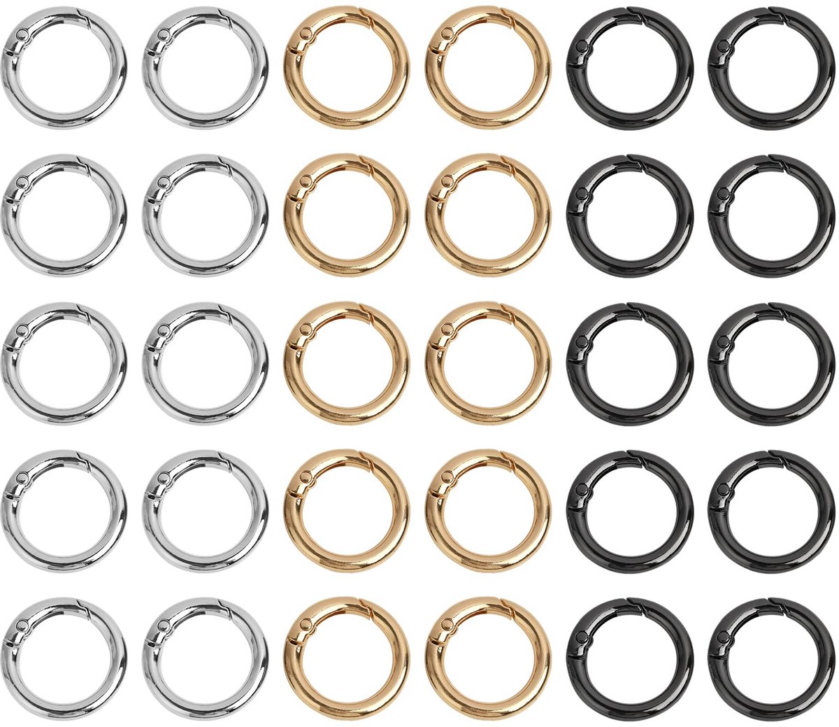 Dailygoods - 30 Stuks Ronde Karabijnhaken 20 mm - Corrosiebestendig en Duurzaam in Goud, Zilver en Zwart