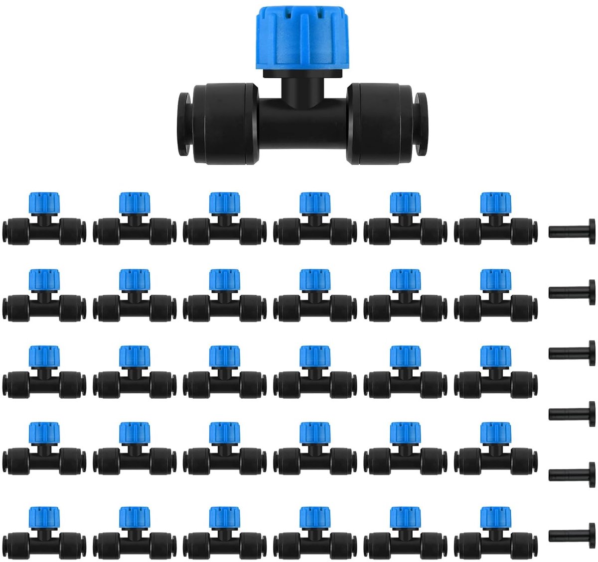 SnelShoppen - 30 Stuks Push-to-Fit Drip Irrigation Transmitters voor 1/4 Inch Tuinirrigatie - Blauw met 8 Openingen voor Effectieve Waterverdeling
