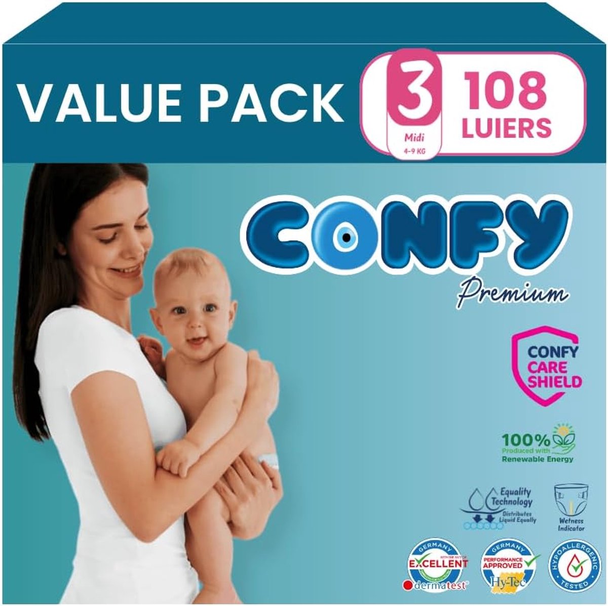SnelShoppen - Premium Babyluiers Maat 3 (4kg-9kg) - Value Pack 108 Stuks - Superabsorberend, Dermatologisch Getest, Plasindicator, CareShield - Ideaal
