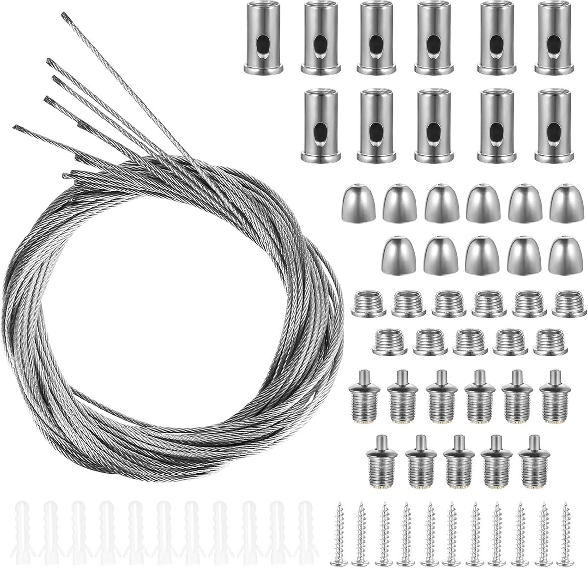 SnelShoppen - 11PCS Stalen Kabel Hang Systeem, RVS Kabel Lamp Ophangset 1.5mm x 1m, Verstelbare Staal Kabelhouder voor LED Lampen en Plafondpanelen
