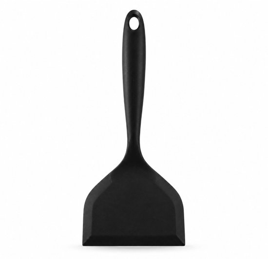 Une spatule noire en silicone avec une tête plate et large et un œillet de suspension.