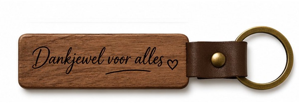 Houten Sleutelhanger "Dankjewel voor alles" - Met Gravure - Hout & PU Leer - 10 cm - Bedankje / Cadeau Collega / Vriend / Hulp