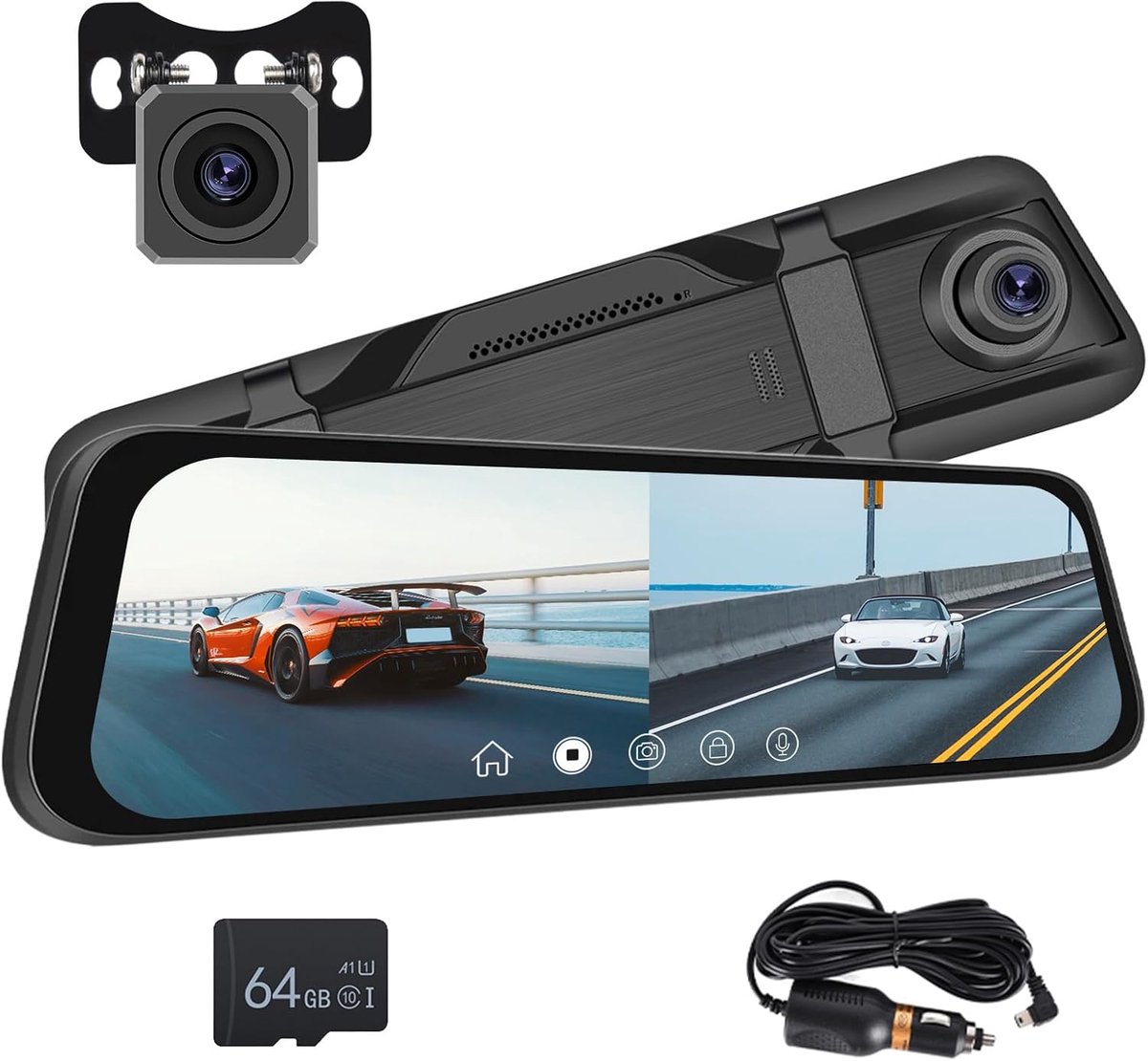 SnelShoppen - Dashcam Achteruitkijkspiegel Camera 9.66 Inch IPS LCD Touch Screen, Dual Camera 1080p met Nachtzicht, Parkeermonitor, Beweging Detectie,