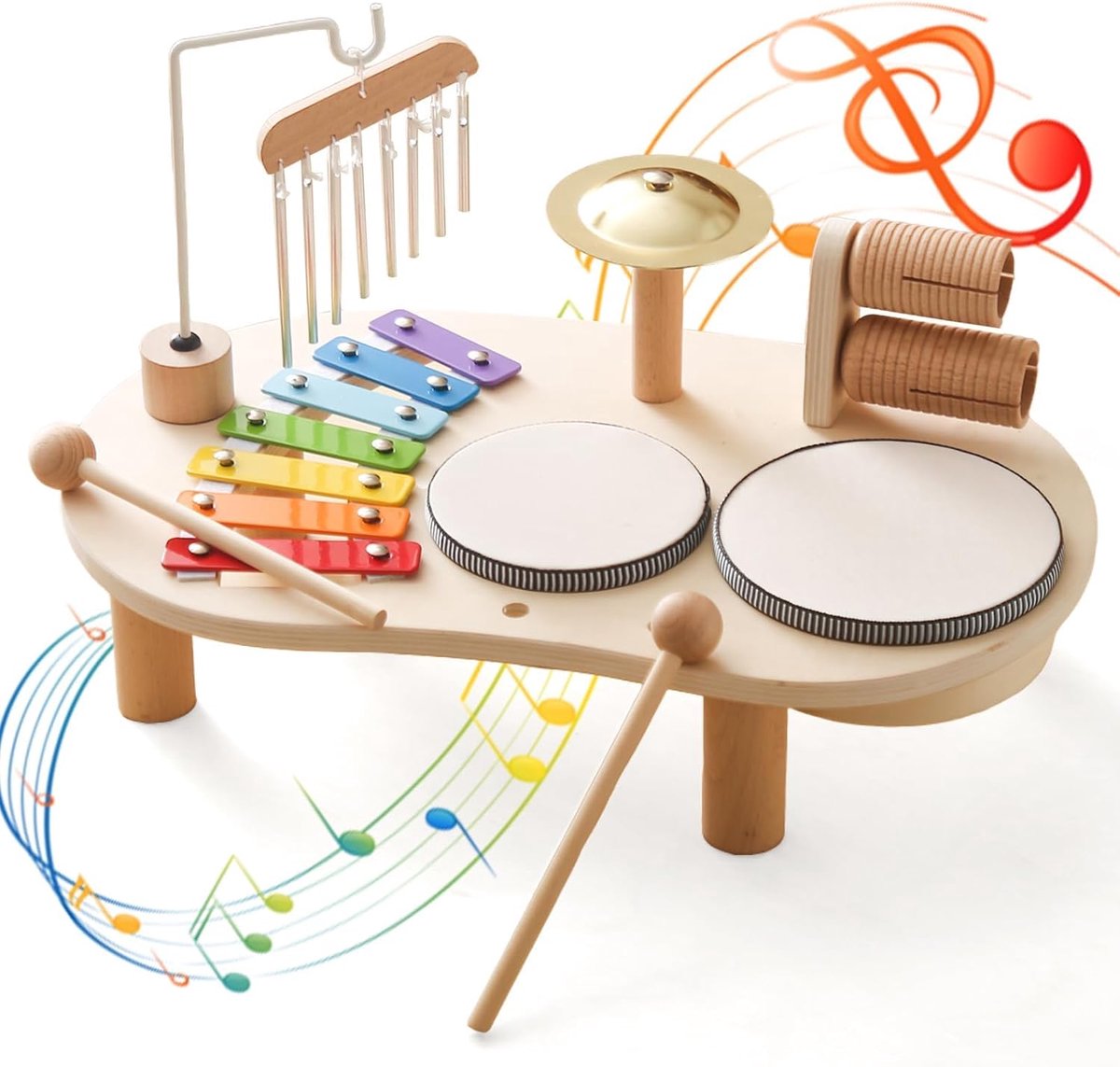 SnelShoppen - Houten Montessori Muziekinstrumenten Set voor Kinderen 1-3 Jaar - Drumset met Xylofoontrommel - Educatief Speelgoed voor Kleuters - Perf