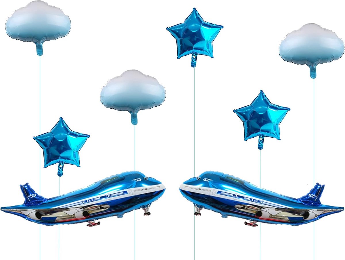 SnelShoppen - 8 Stuks Opblaasbare Ballonnen Vliegtuig Sterren Wolken Verjaardag Decoratie Blauw Jongens Feest Thema