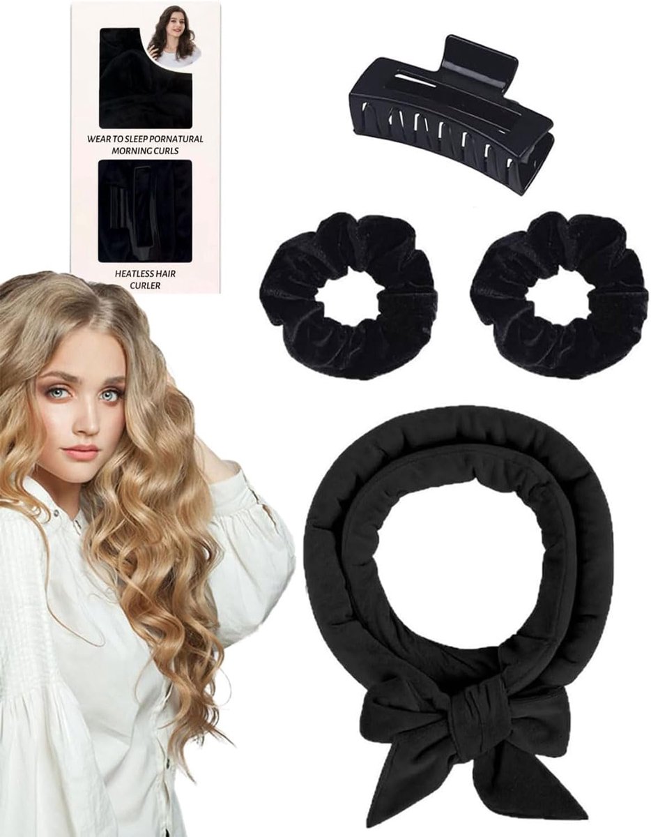 SnelShoppen - Velvet Curlers Nacht, Heatless Curls Band met 2 Haarbanden en Clip, Zachte Dubbel Laag Krullers voor Slaap, Voor Lang en Medium Haar, Zw
