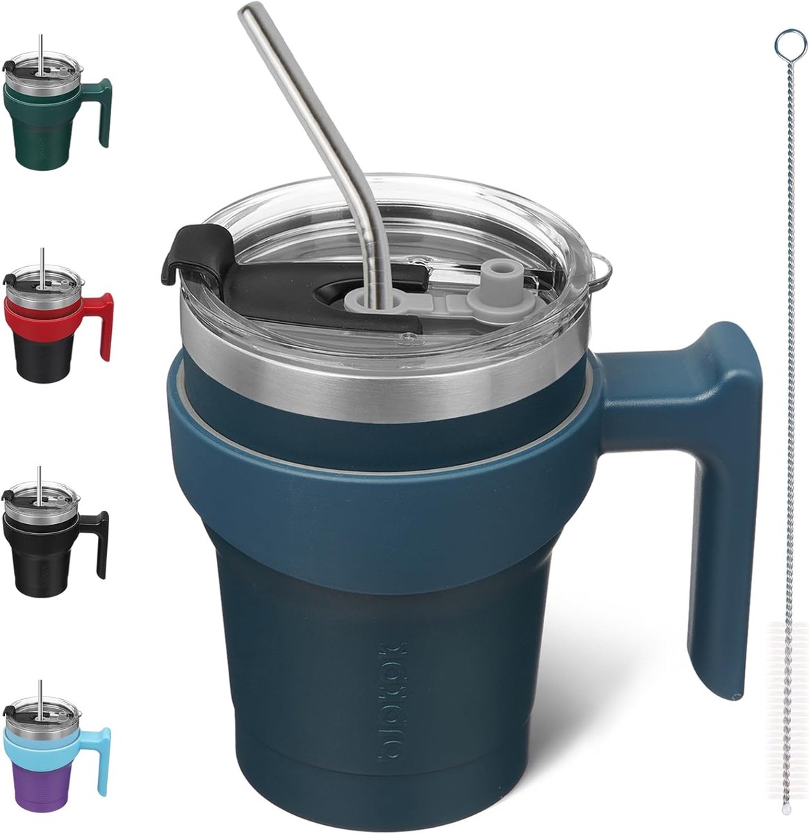 SnelShoppen - Tumbler met Handvat 300ml RVS Geïsoleerde Beker met Deksel en Rietje voor Dames en Heren, Navy Blauw, Perfect voor Thuis, Reizen en Buit