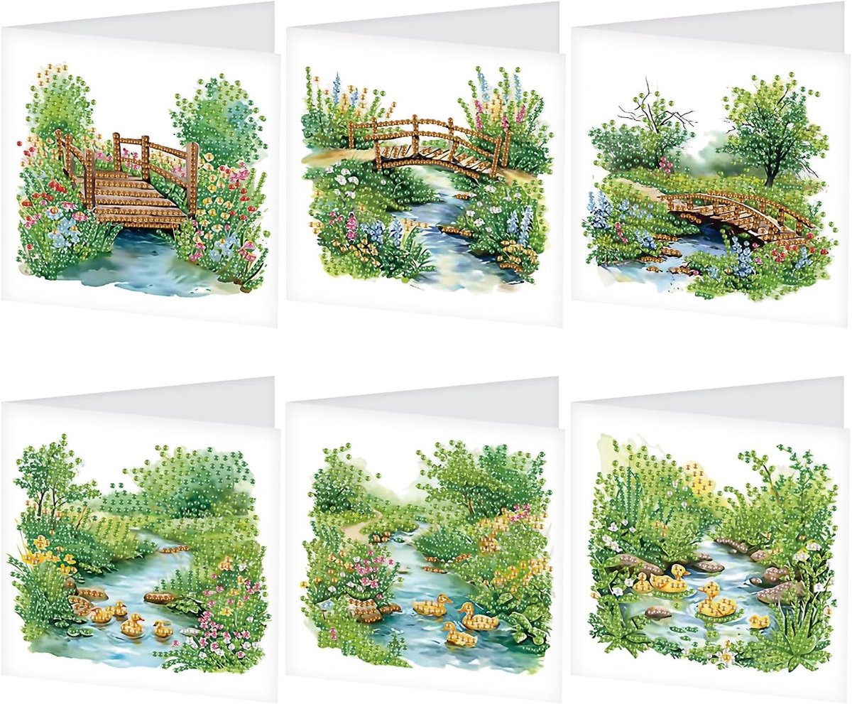 SnelShoppen - 6 Stuks Diamant Schilderen Wenskaarten Set - Landschap, Rivier, Brug, Eenden - Kaarten met Enveloppen - Verjaardagskaart, Bedankkaart, Z