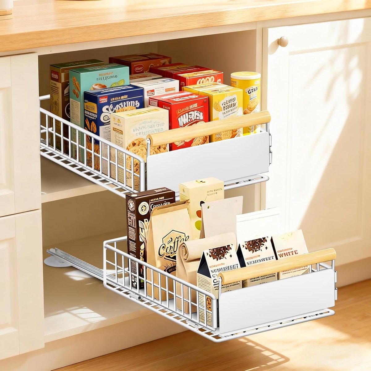 SnelShoppen - Telescopische Keukenlade 2 Stuks, Volledig Uittrekbaar, Geen Boren, Max 25 kg, Organizer voor Diepe Kasten, Wit 39.5x23.5x11 cm