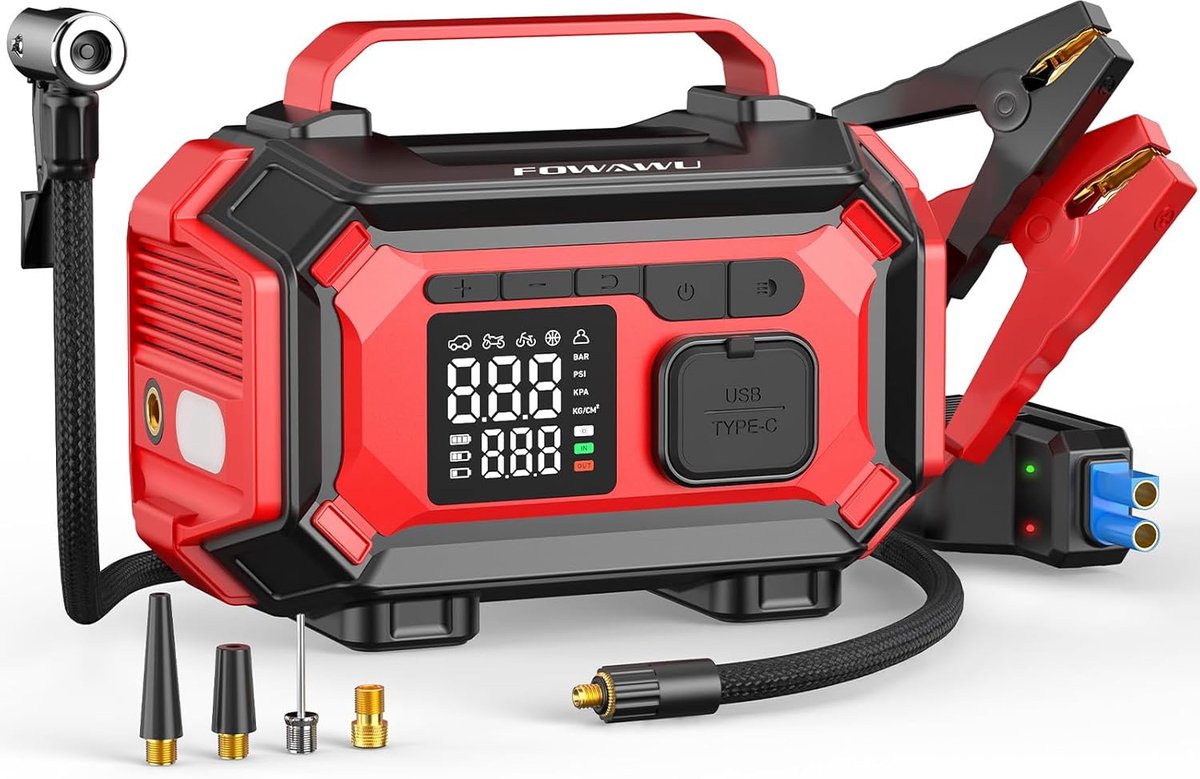 SnelShoppen - Power Bank met Luchtcompressor 9-in-1, Auto Accu Starter 8000A voor Alle Auto's en 10L Diesel, Elektrische Fietspomp 150psi Automatische