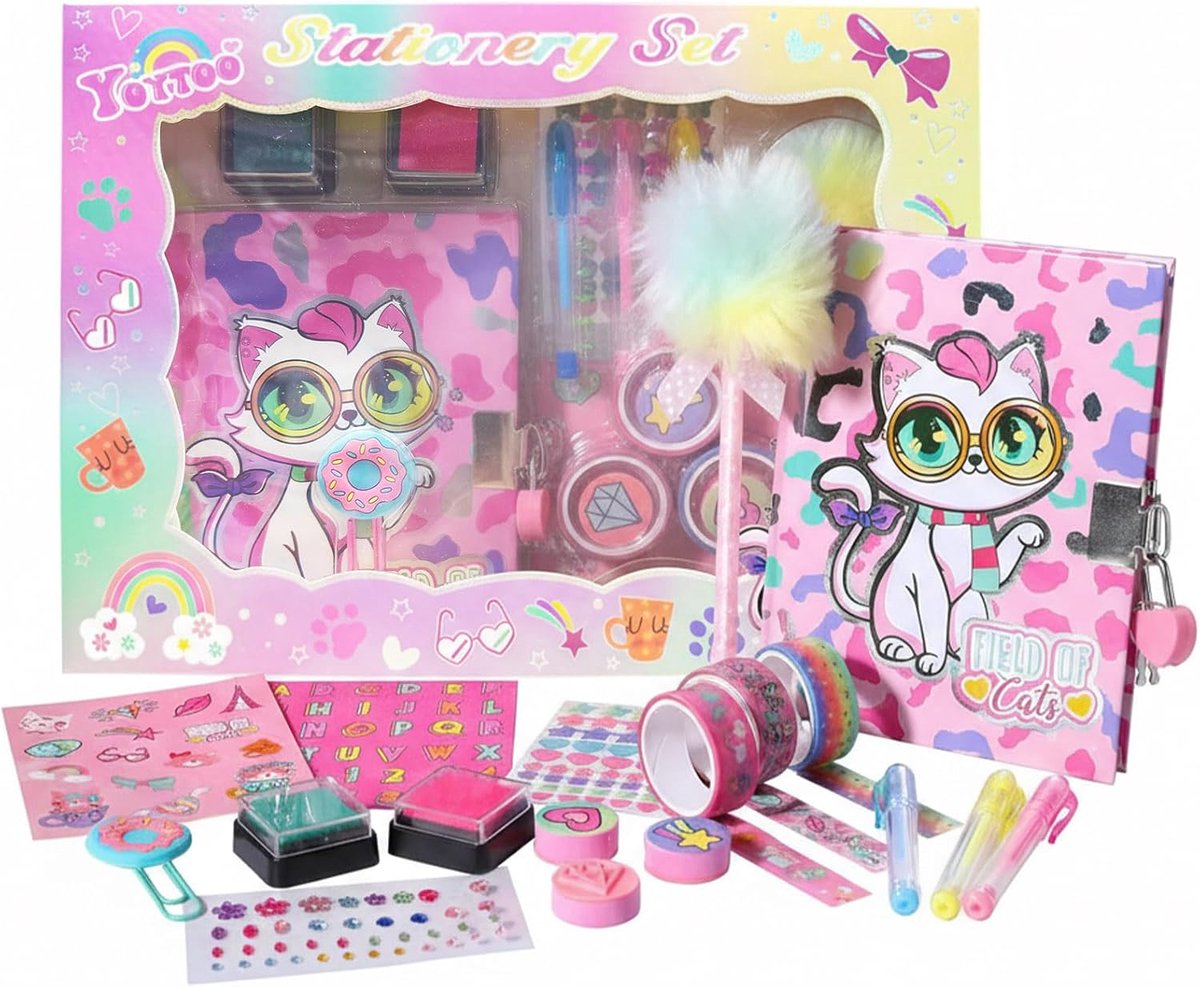 SnelShoppen - Cat Diary voor Meisjes met Slot en Sleutels, Katten Stationery Set met Dagboek, Stempels, Stickers, Pennen, Notitieboekje voor Verjaarda