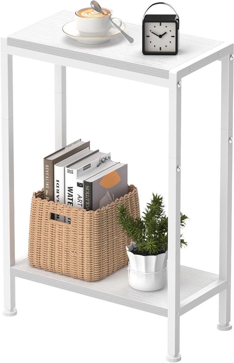 SnelShoppen - Smalle Bijzettafel met 2 Compartimenten en Opbergruimte - Ideaal voor Woonkamer, Slaapkamer, Keuken en Balkon - Wit, 2 Planken, Ruimtebe