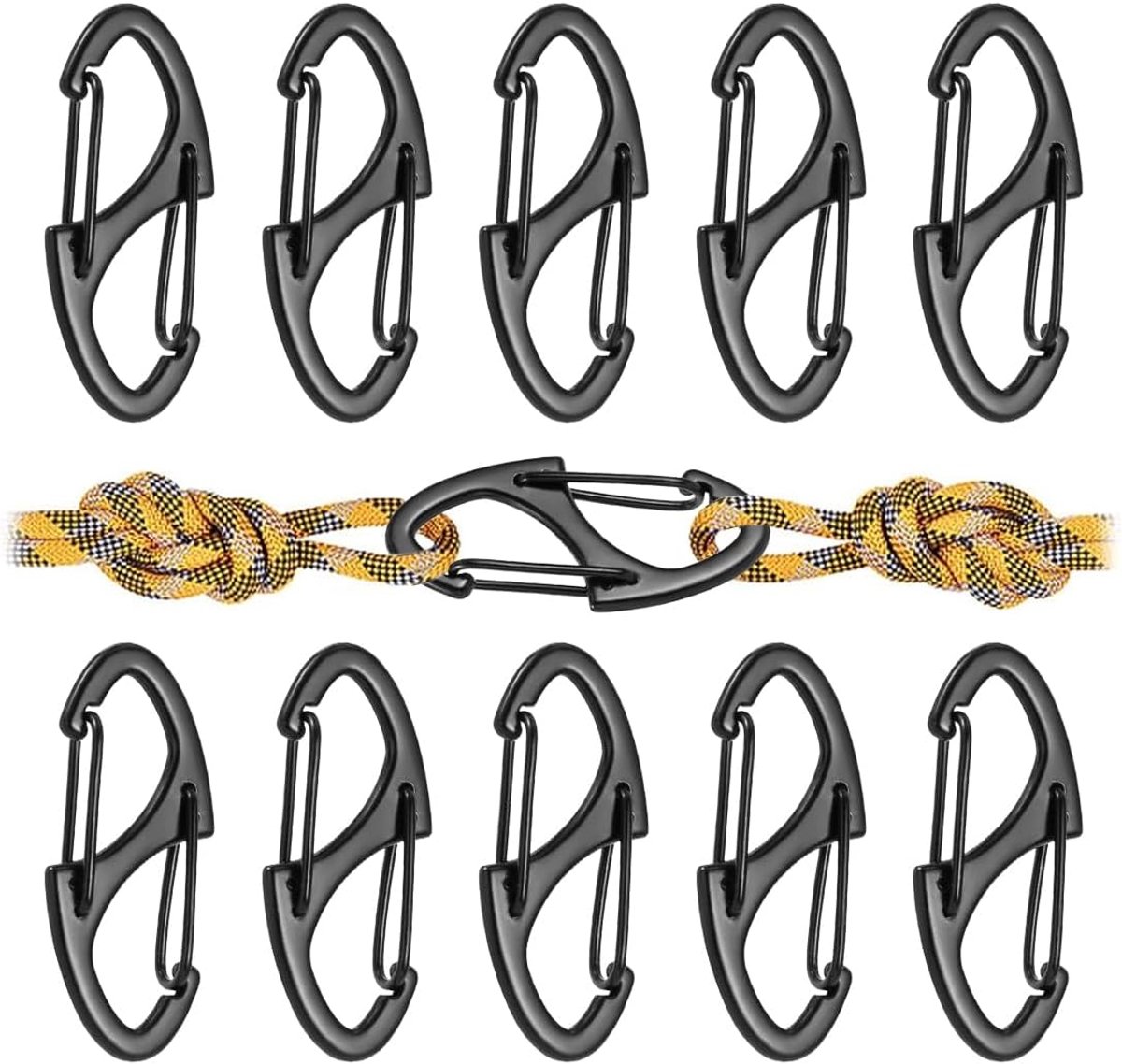 SnelShoppen - Pack van 10 Multifunctionele S-Arrow Carabiners, Kleine Carabiner Haken, Sleutelhanger, Zwart, Duurzame Dubbele Veer Sluiting voor Hikin