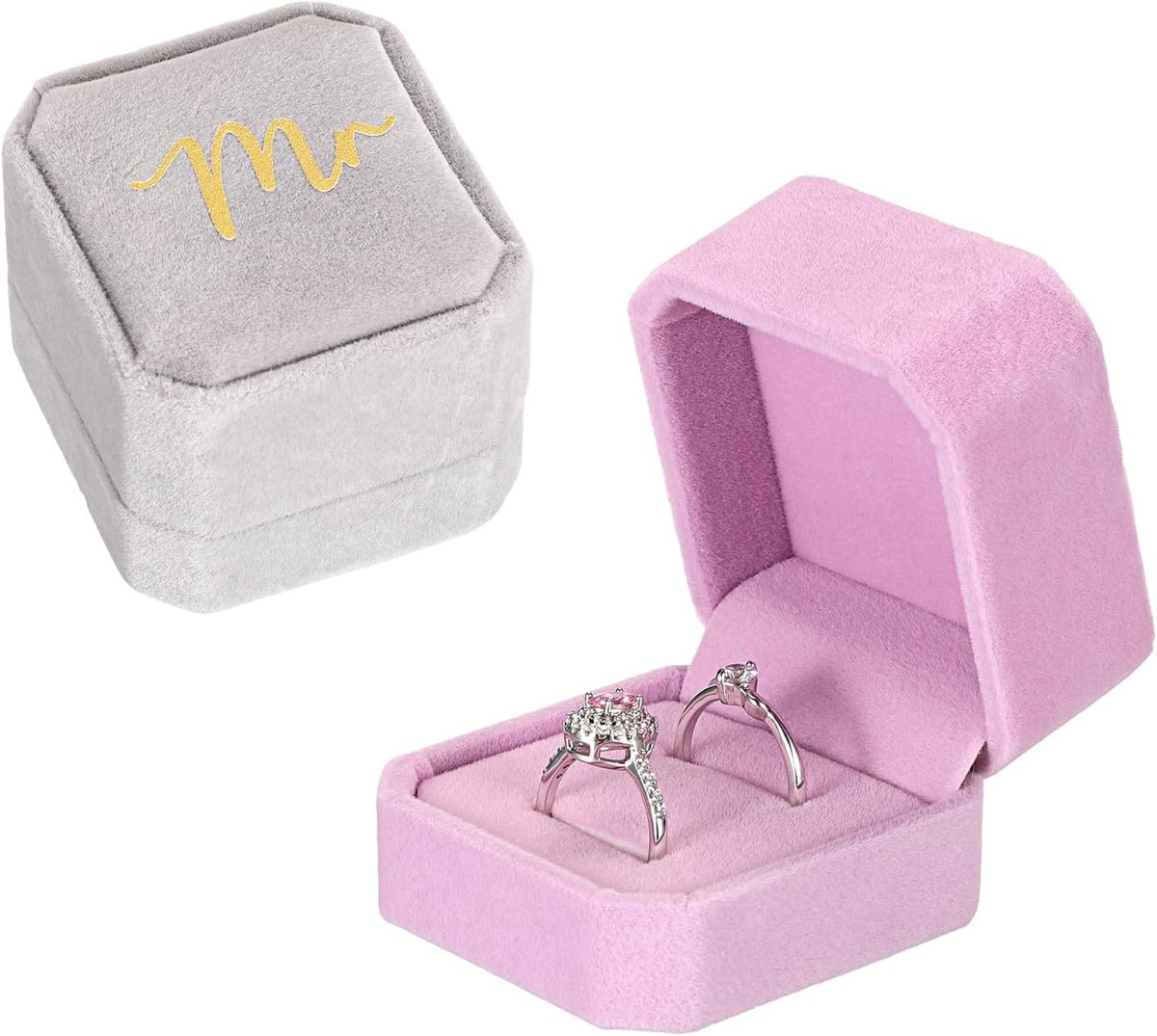 SnelShoppen - Ringdoos Bruiloft Set, 2 Fluwelen Ringdoosjes voor 4 Ringen, Achthoekige Sieradendoos met Dubbele Sleuven voor Verloving, Huwelijksaanzo