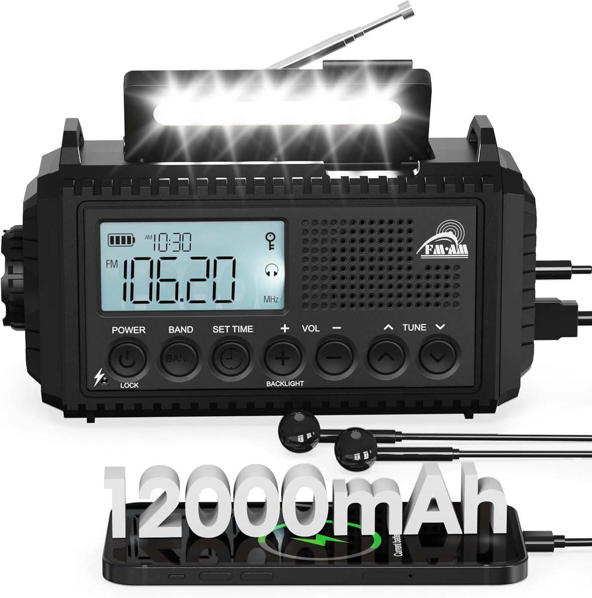 SnelShoppen - 12000 mAh Crankradio, Solar & Crank Noodradio, Draagbare Wereldontvanger met AM/FM, Zaklamp & Leeslamp, USB, SOS-Alarm voor Kamperen, No