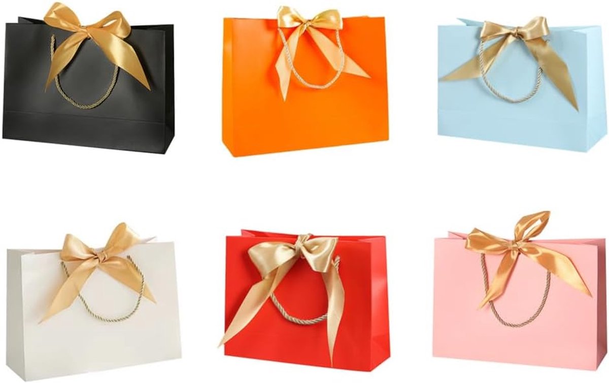 SnelShoppen - 6 Luxe Cadeauzakken met Strik en Handvat, Grote Papieren Tassen voor Verjaardag en Feestdagen (32 x 25 x 11 cm), Milieuvriendelijk en St