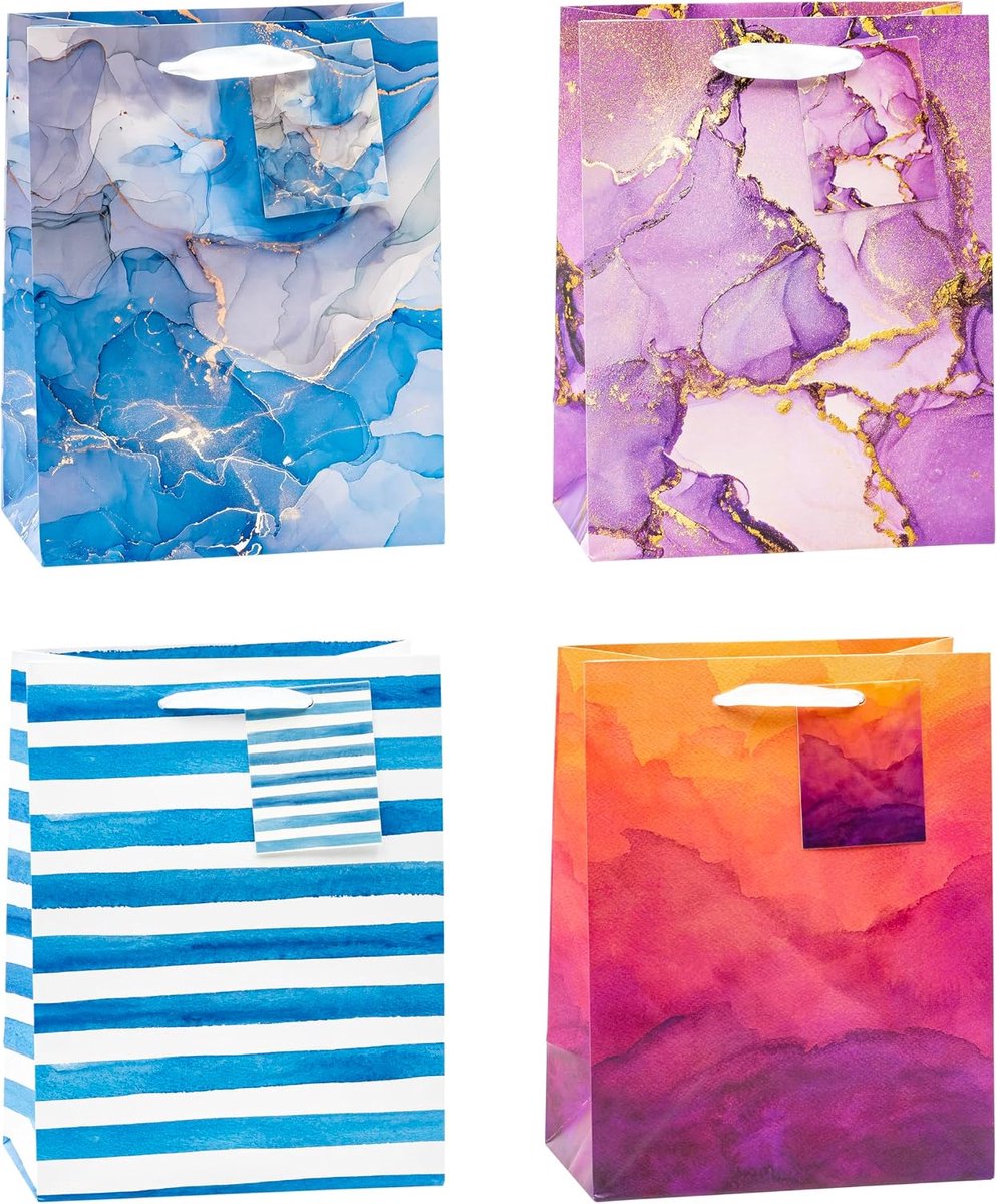 SnelShoppen - Giftbags Art Design, 12 Stuks, Middelgroot (23x18x10 cm), Mat PP Foil, Water- en Scheurvast, Met Koord en Label, Voor Feesten en Cadeaus