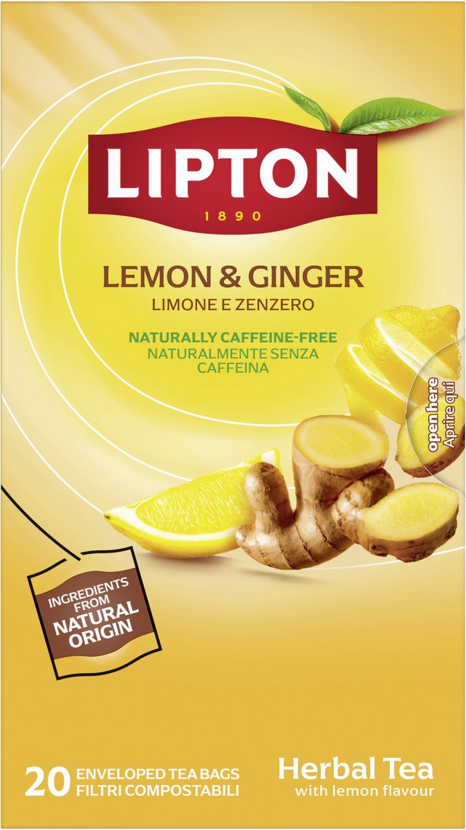 Lipton Herbal Tea Lemon & Ginger - 80 Piramide Theezakjes - Kruidenthee Citroen & Gember - 4 x 20 Zakjes - Voordeelverpakking