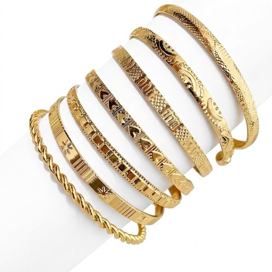 Set van 7 goudkleurige bangle armbanden voor dames met gegraveerde en gedraaide motieven – brede dames armbanden set