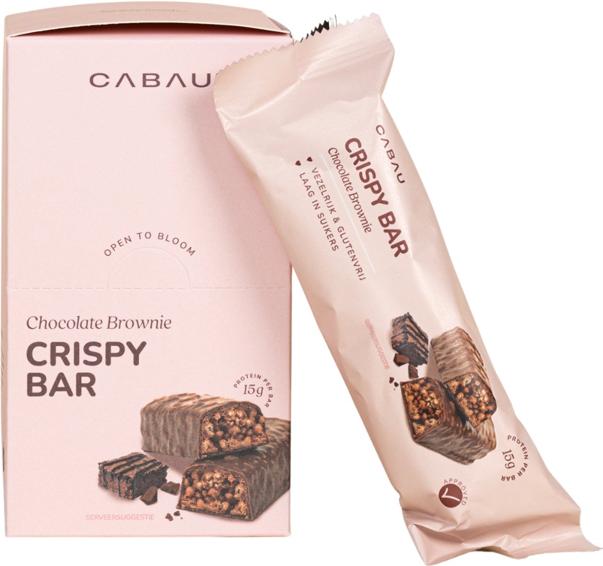 Cabau – Crispy Bars – Chocolate Brownie – Eiwitreep met 15 g Proteïne per Reep – Glutenvrij, Vezelrijk & Laag in Suiker – Box van 8 Stuks