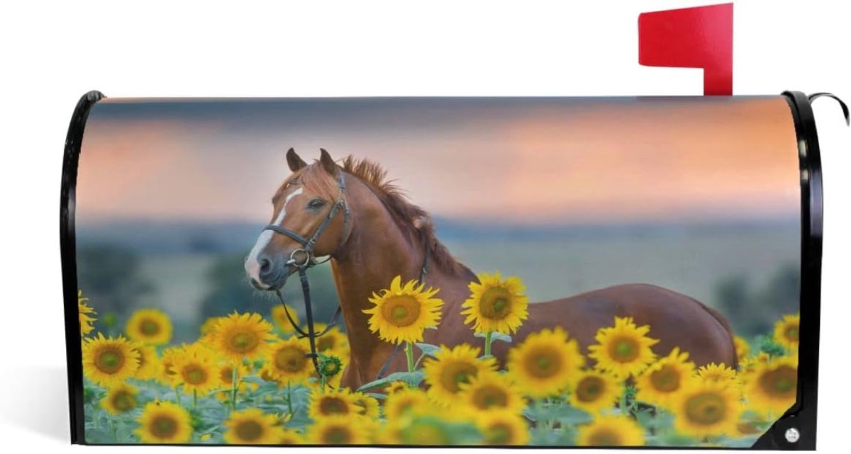 Brievenbus Cover - Postbus Wrap - Tuin Decoratie - Magnetische Bevestiging - 18 x 22.8 Inch - Paard Zonnebloemen