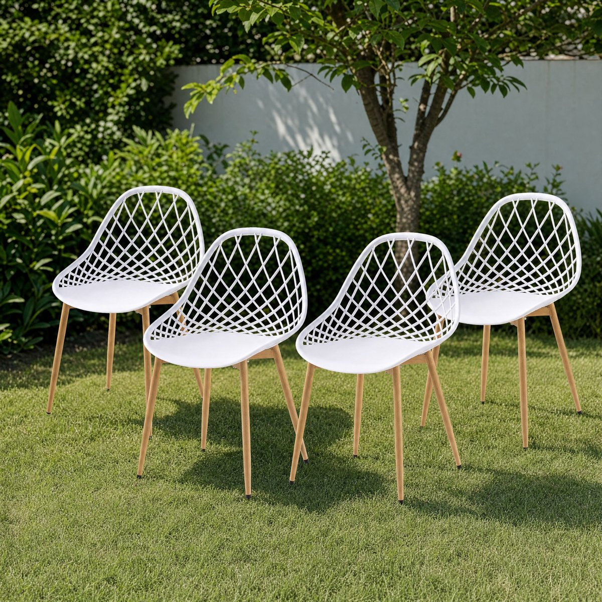 EGGREE Tuinstoelen Set van 4 - Opengewerkt Patroon PP-Metaal - Tuin - Terras - Balkon - Compact - Eetkamer - Wit