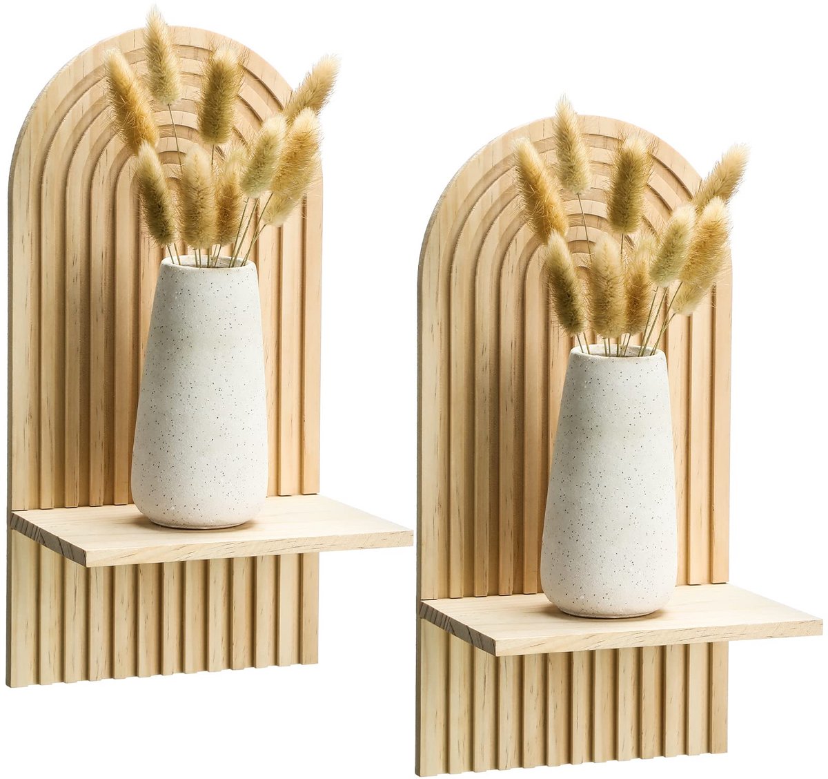 Boho Wandplank Set van 2 – Houten Zwevende Wandplanken met Boogdesign – Decoratieve Wanddecoratie voor Woonkamer, Slaapkamer en Badkamer – Naturel