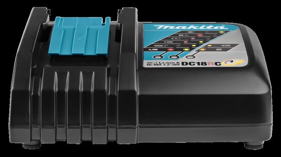 Zwarte Makita DC18RC lader met turquoise accenten en LED-indicatielampjes.