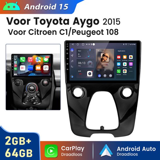 Hexinex 10,1-inch scherm Autoradio Geschikt voor Peugeot 108/ Citroen C1/ Toyota Aygo - Draadloos CarPlay, Android Auto, GPS Navi, RDS, multimediaspeler, 2GB+64GB