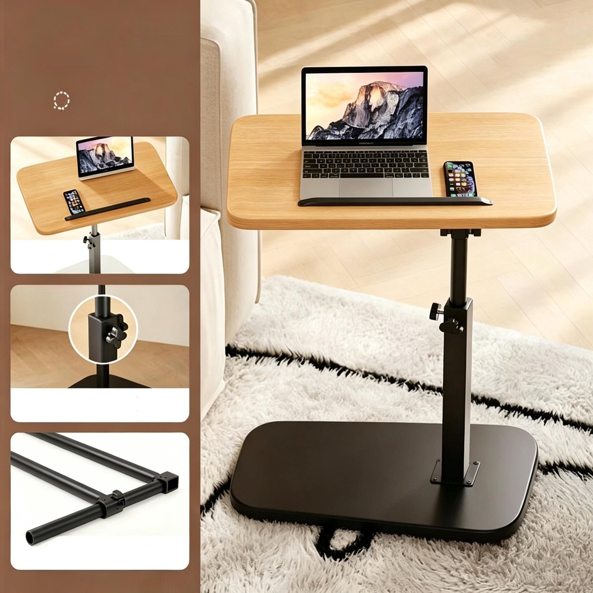 C vormige tv dienbladtafel natuurhoutkleurig minimalistisch houten blad met witte frame voor de bank draaibaar en in hoogte verstelbaar geschikt voor eten en laptopgebruik in de woonkamer
