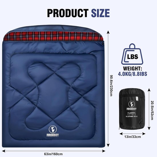 Dubbele Slaapzak - Tweepersoons Slaapzak - Kamperen en Reizen - Flanel Voering - 230 x 160 cm - Blauw-Rood — afbeelding 4
