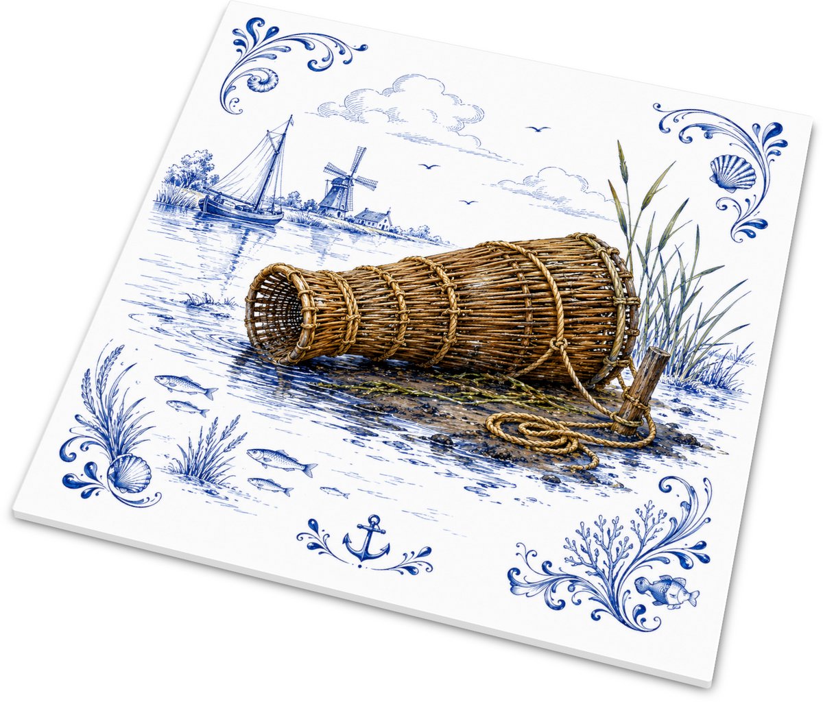 Wandtegeltje Traditionele Visnetten bij Hollandse Molen - Delfts Blauw Maritiem Erfgoed Te