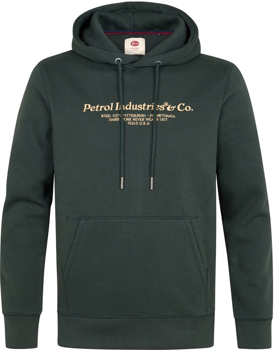 Donkergroene hoodie met ronde hals, lange mouwen, kangoeroezak en gouden tekstprint op de borst.
