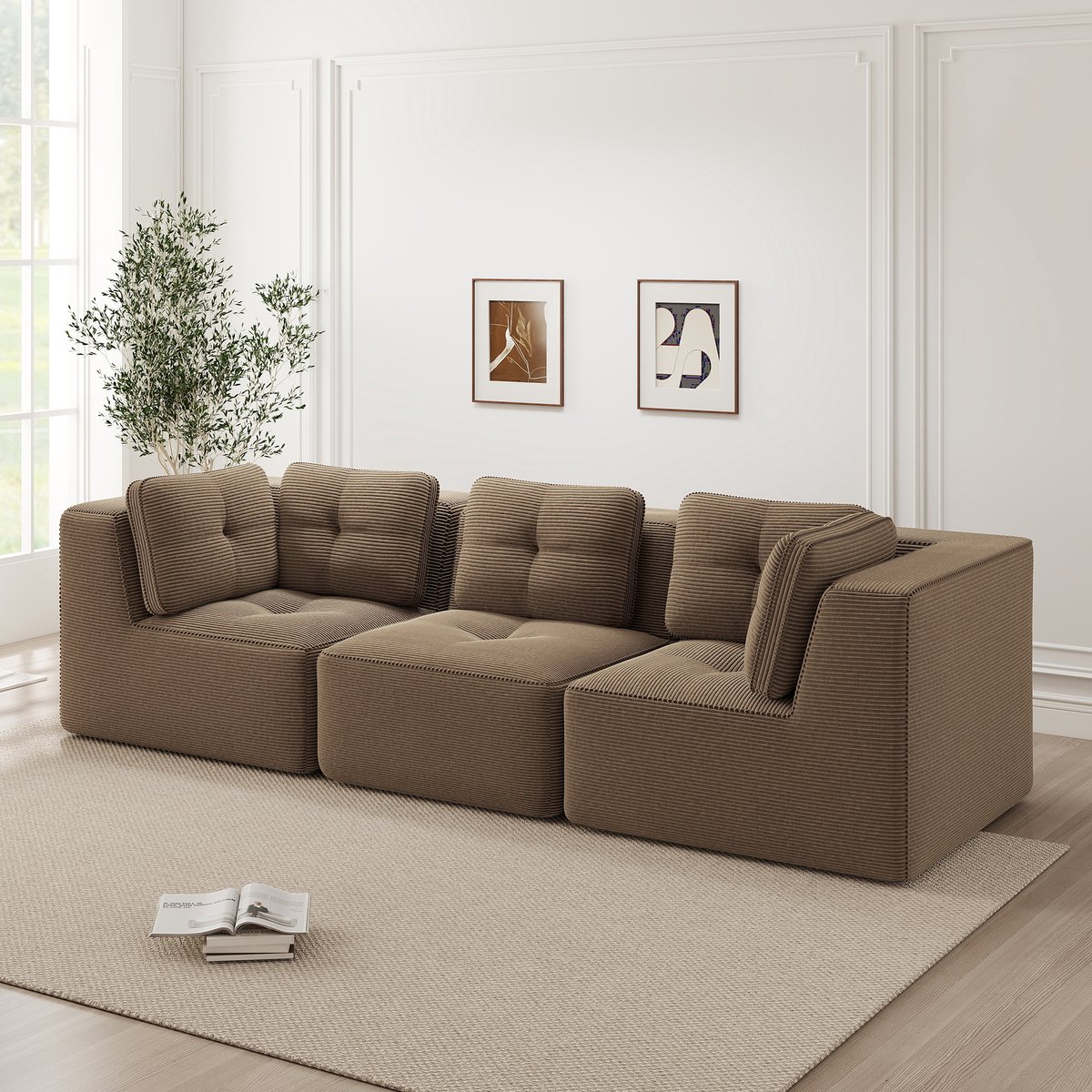 DESMIU Hoekbank 297 x 104 x 69 cm - Modulair Met Diepe Zitting Van 74 cm - Voor Woonkamer - Corduroy - Bruin