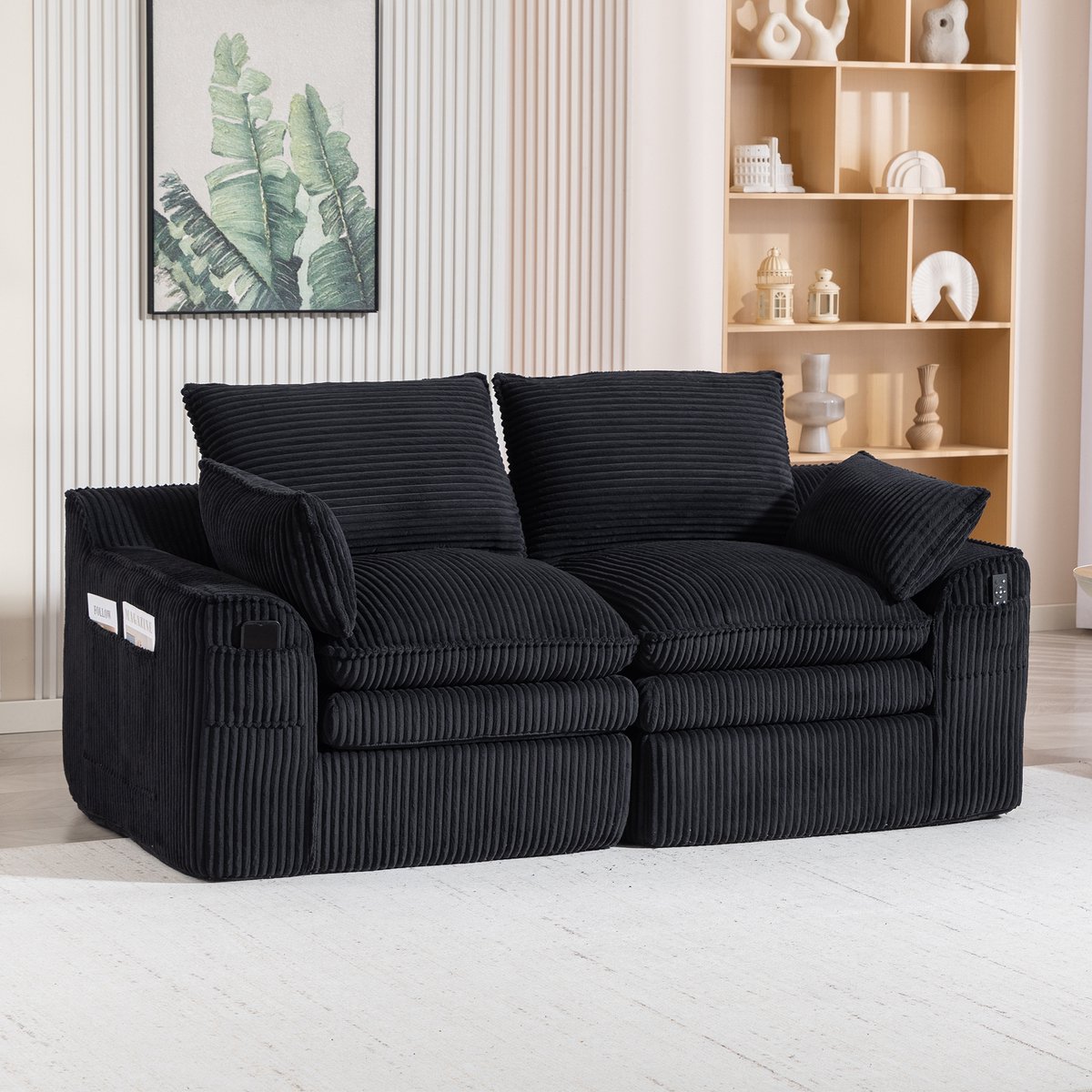 DESMIU Zitbank 191 x 94 x 85 cm - 2-Zits Met Kussens En Zijvakken - Voor Woonkamer En Kantoor - Corduroy - Zwart