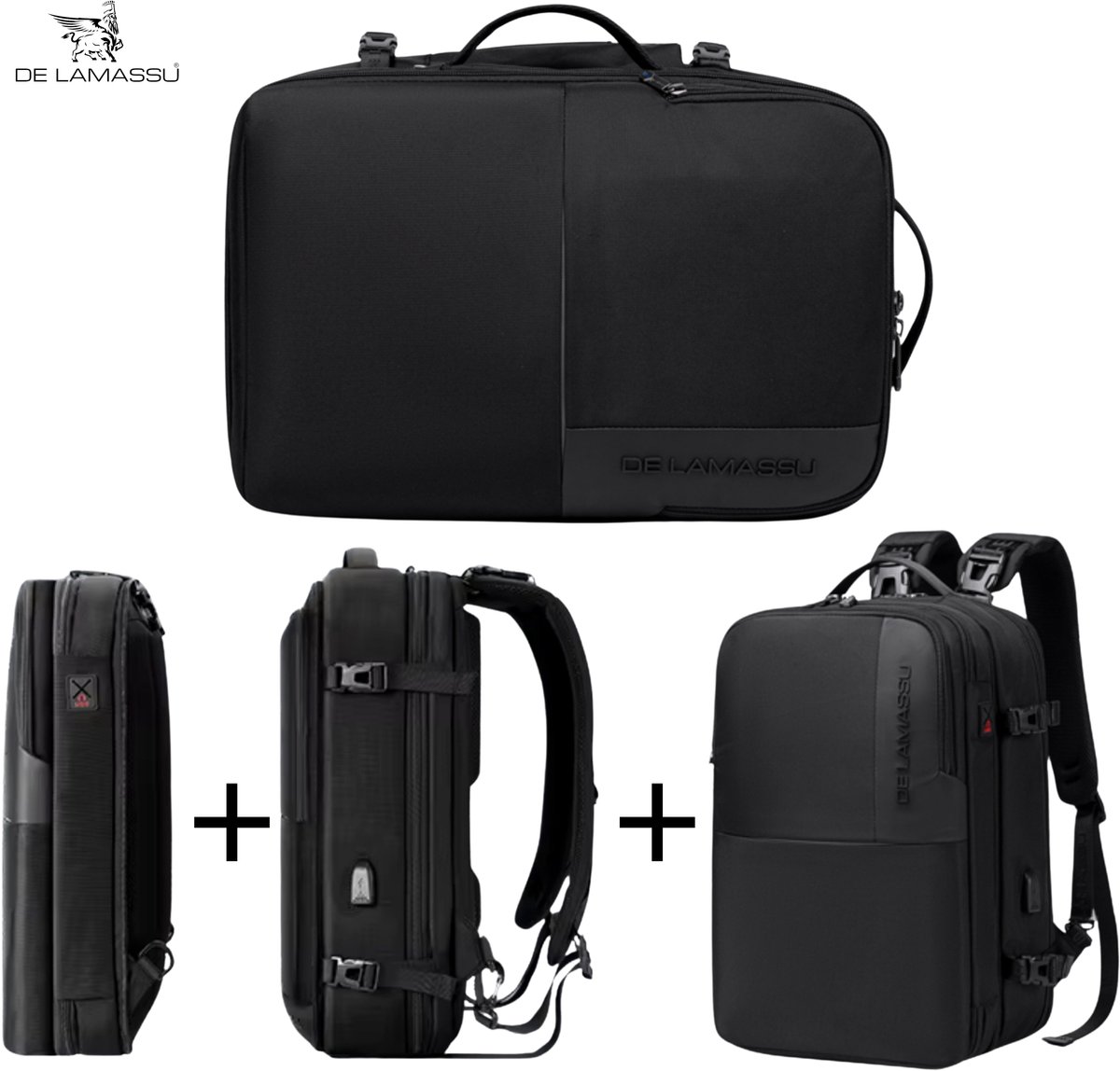 DE LAMASSU® (Cameron) 3-in-1 Laptoprugzak 17,3 Inch – Rugzak, Aktetas & Handtas – 37 Liter – Met USB-poort, Nat/Droogvak & Trolleyband