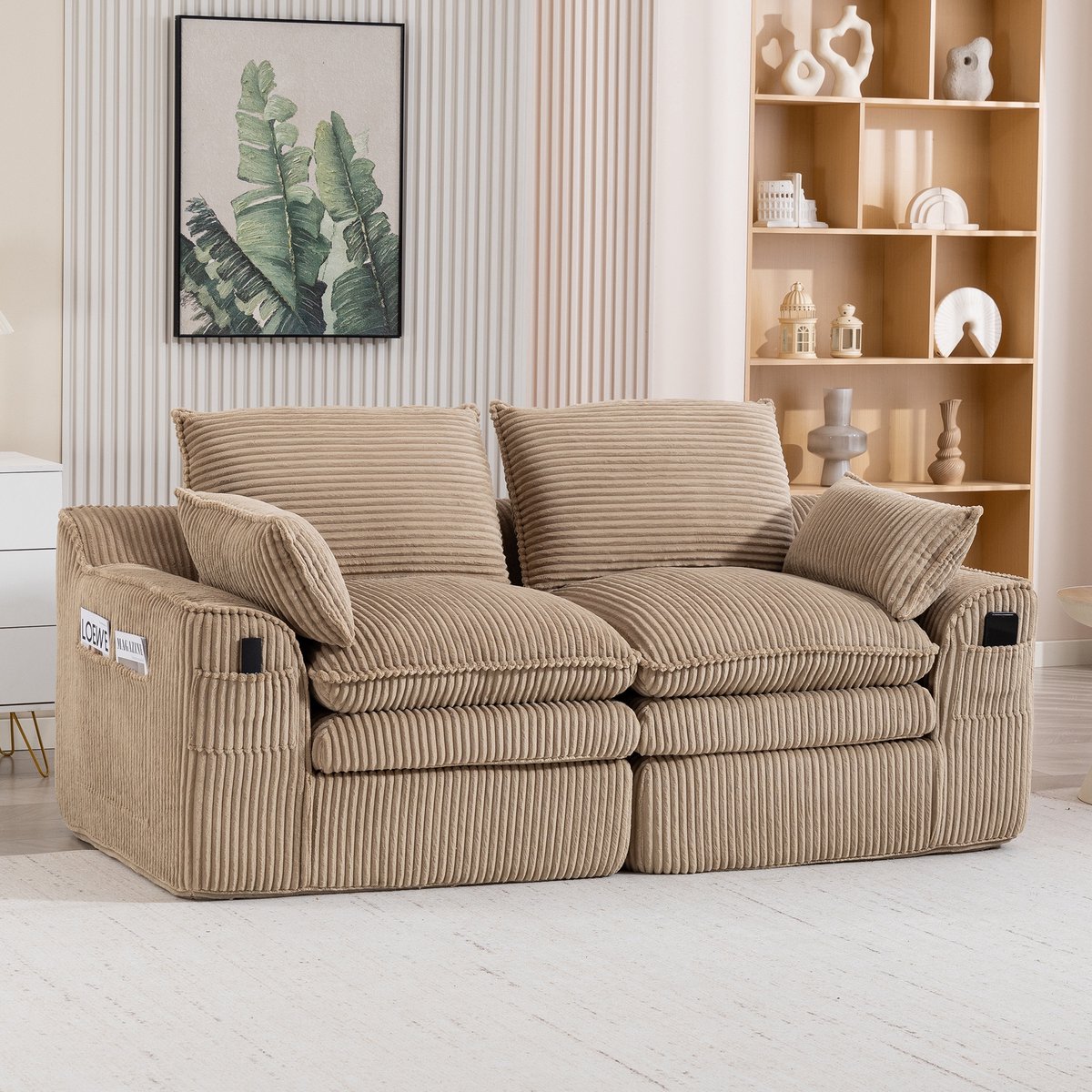 DESMIU Zitbank 191 cm - 2-Zits Met Kussens En Zijvakken, 3-Laags Schuim Met Veerkern - Voor Woonkamer En Kantoor - Ribfluweel - Khaki
