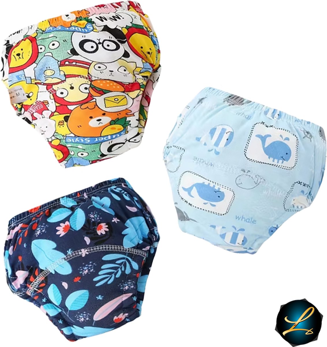 3-delige Set Stoer Zachte Katoenen Trainingsluiers / Oefenbroekjes / Zindelijkheidsbroekjes voor Baby’s en jonge kinderen - Duurzaam, Ademend Wasbaar - Diverse Patronen - Maat 100