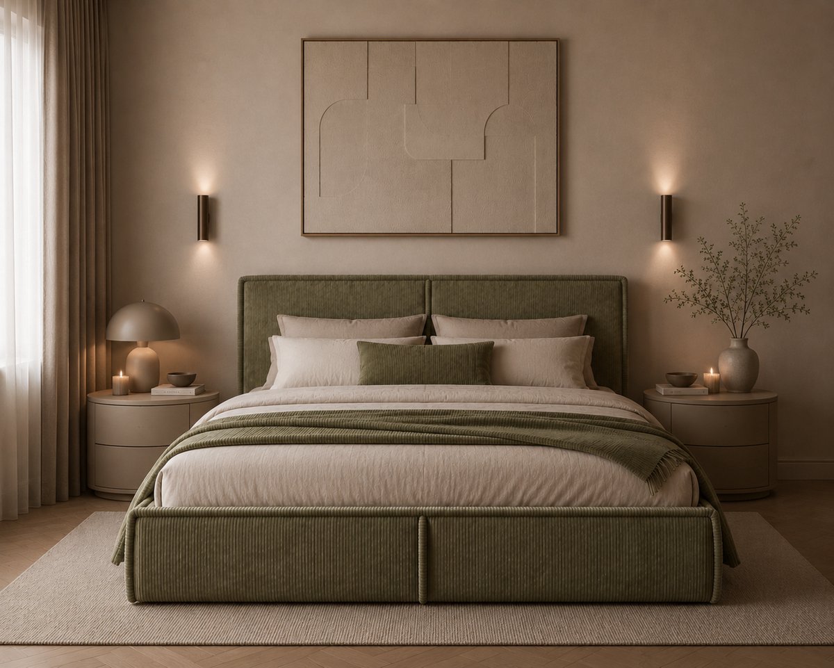Gestoffeerd Bed 04 met Opbergruimte en Hoofdbord 160x200 cm - Olijfgroen (Poso 46)