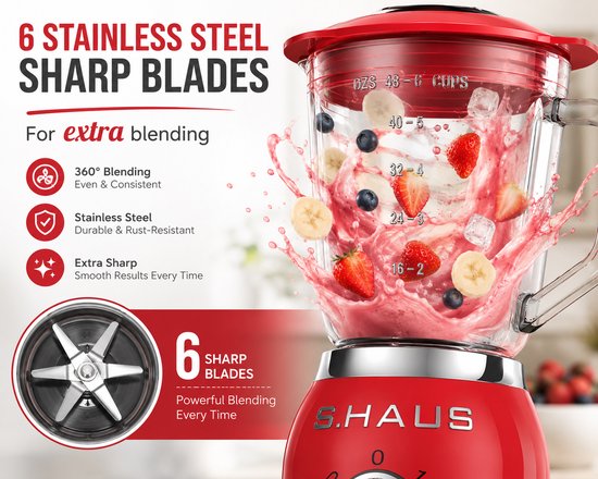 Swiss Haus® BL1915 Blender - 1.5L Glazen Kan - 2 Snelheden + Pulse Functie - 600W Smoothie Maker - Retro Design - Veiligheidsschakelaar - Vaatwasmachine Bestendig - Rood van Merkloos — afbeelding 3