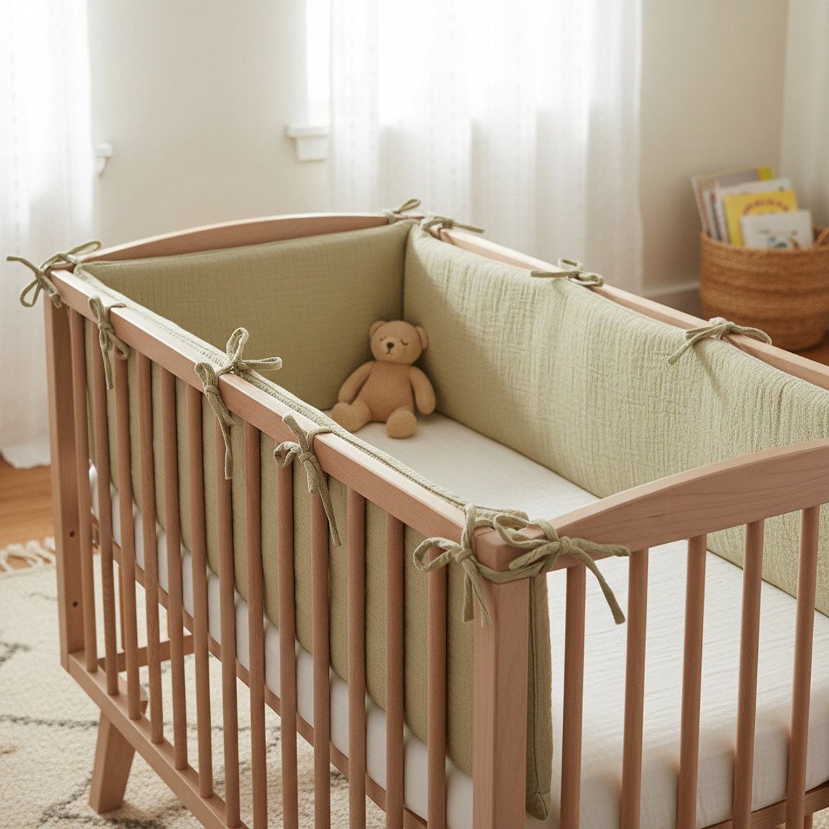 Honeybears Baby Bedbumper – Box omrander – Hoofdbeschermer - Bedomrander ledikant – Bed omranderJongens/Meisjes – 180 x 30 cm - Beige