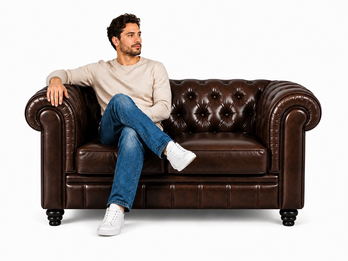 Bank Chesterfield - 2 Zits - Mokka Bruin - Leer - Sofa - Bankstel