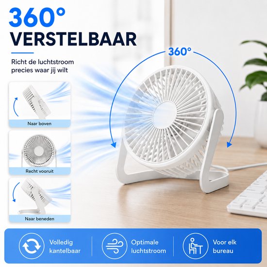 Bureau Ventilator - Mini Bureauventilator - Zuinige Tafelventilator - Kleine USB Ventilator - Kantelbare Statiefventilator - Compacte USB-C Tafelventilator - Fan Geluidloos - Bureau Airco - Desk Fan - Deskventilator - Wit - Silvergear