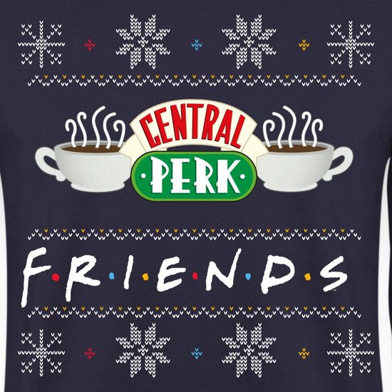 Donkerblauwe trui met "Central Perk" en "Friends" logo, met winterse patronen.